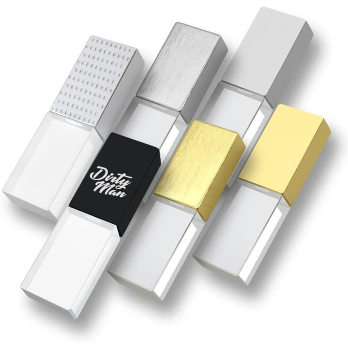 A collection of 16 GB crystal USB flash drives in white, silver, and gold finishes, featuring a logo on one.