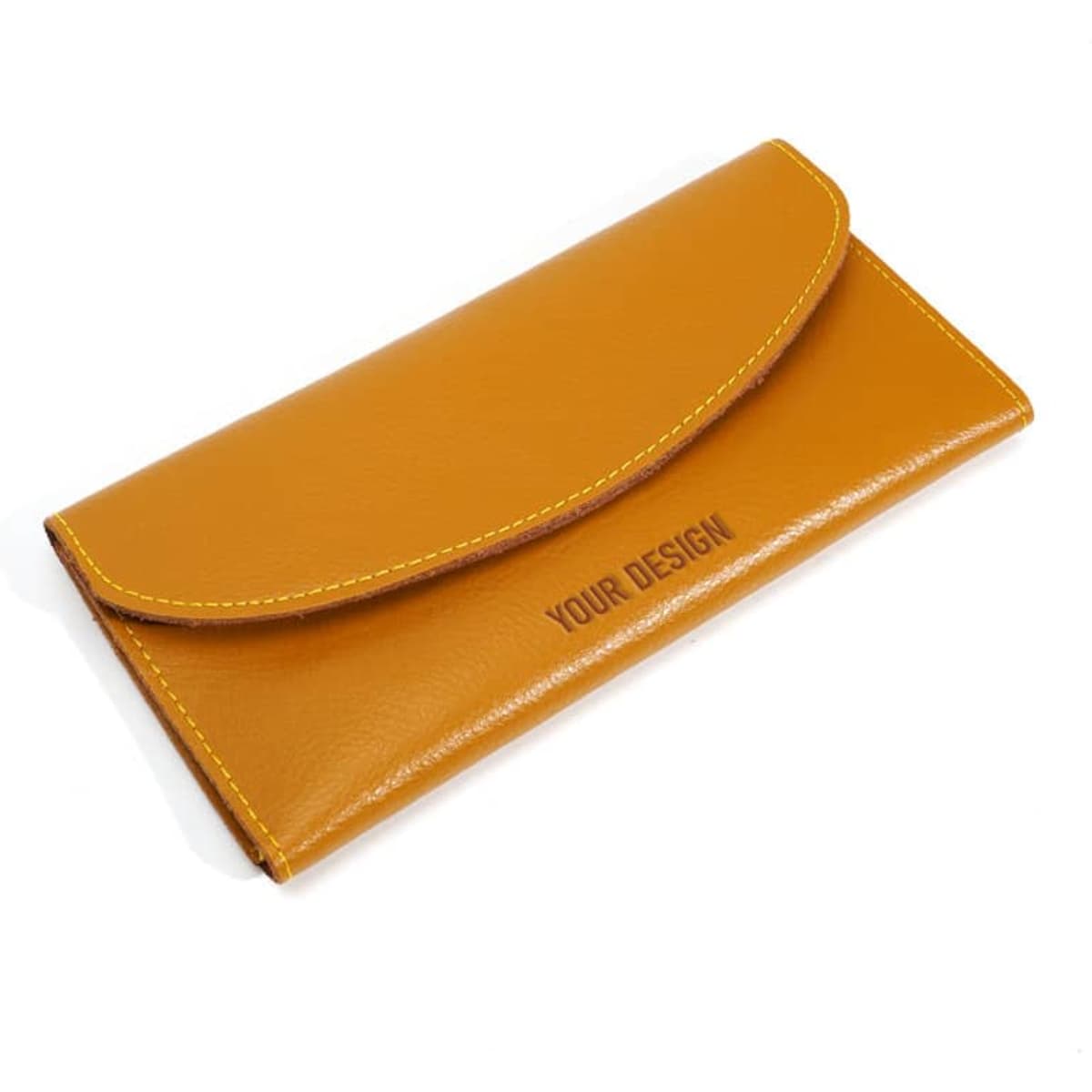 A mustard yellow women's genuine leather wallet with a flap closure and a logo.