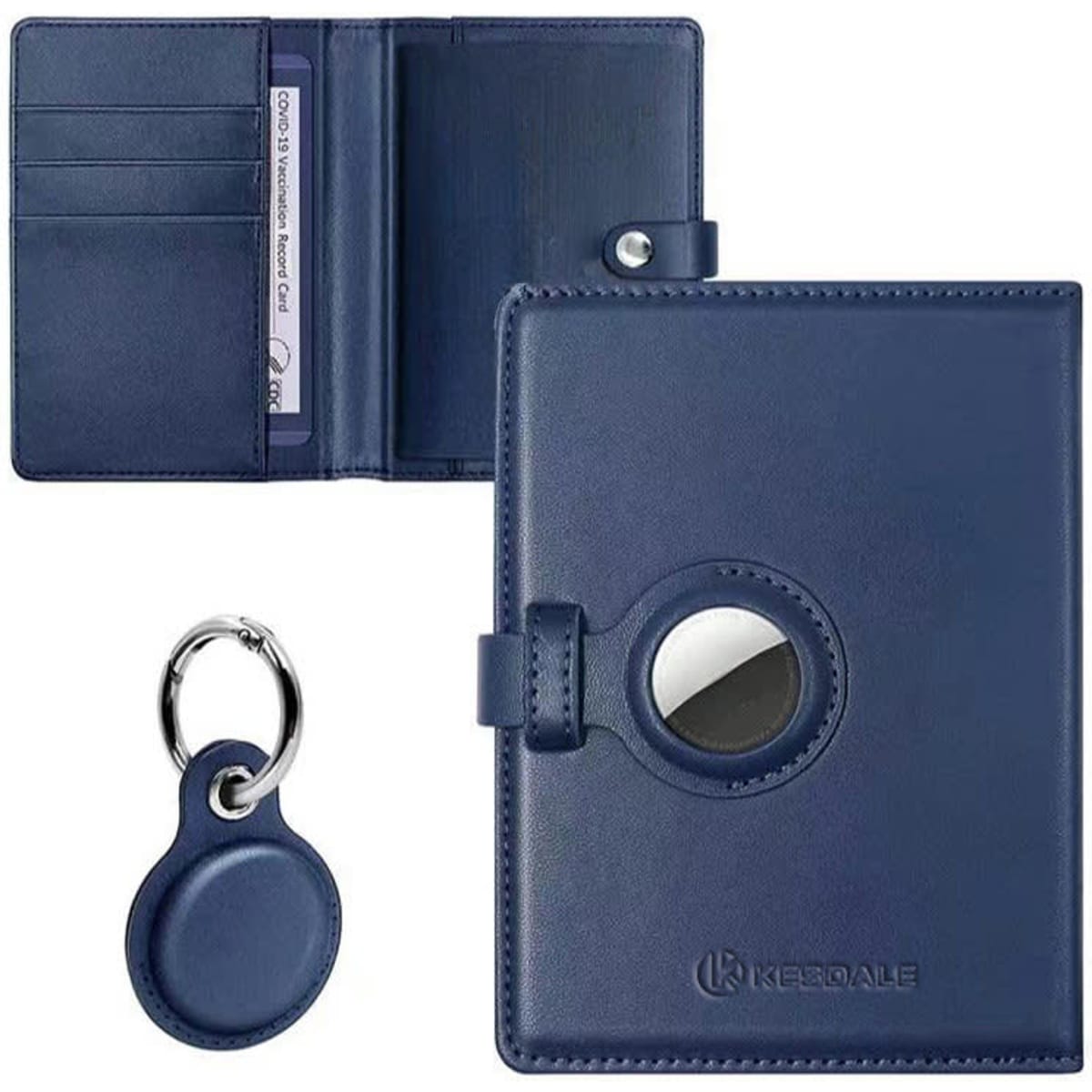 A genuine leather passport holder in navy blue with multiple card slots and a keychain. Features a logo.