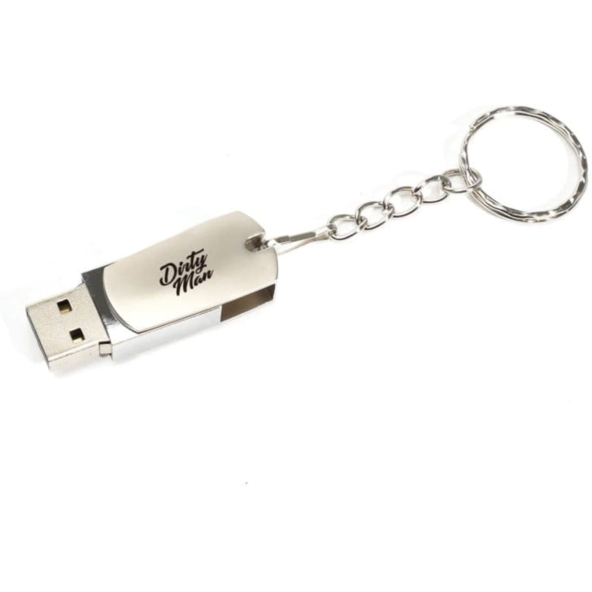 A silver USB flash drive keychain with a keyring attachment. It features a logo on its surface.