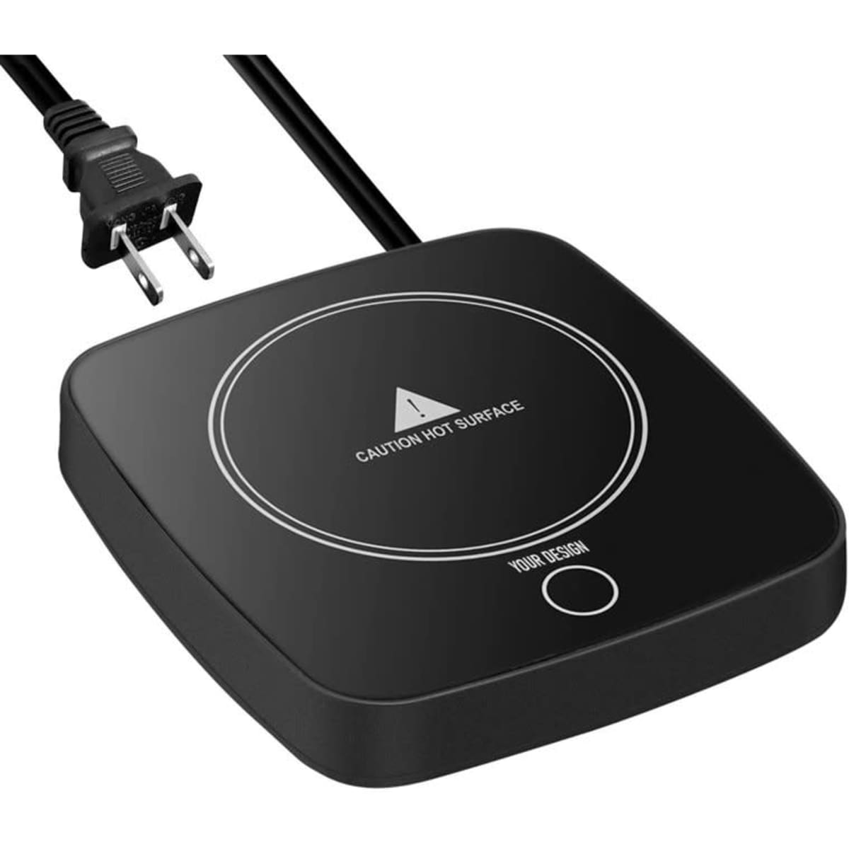 A black electric coffee warmer with a circular heating surface and a power cord, featuring a logo.
