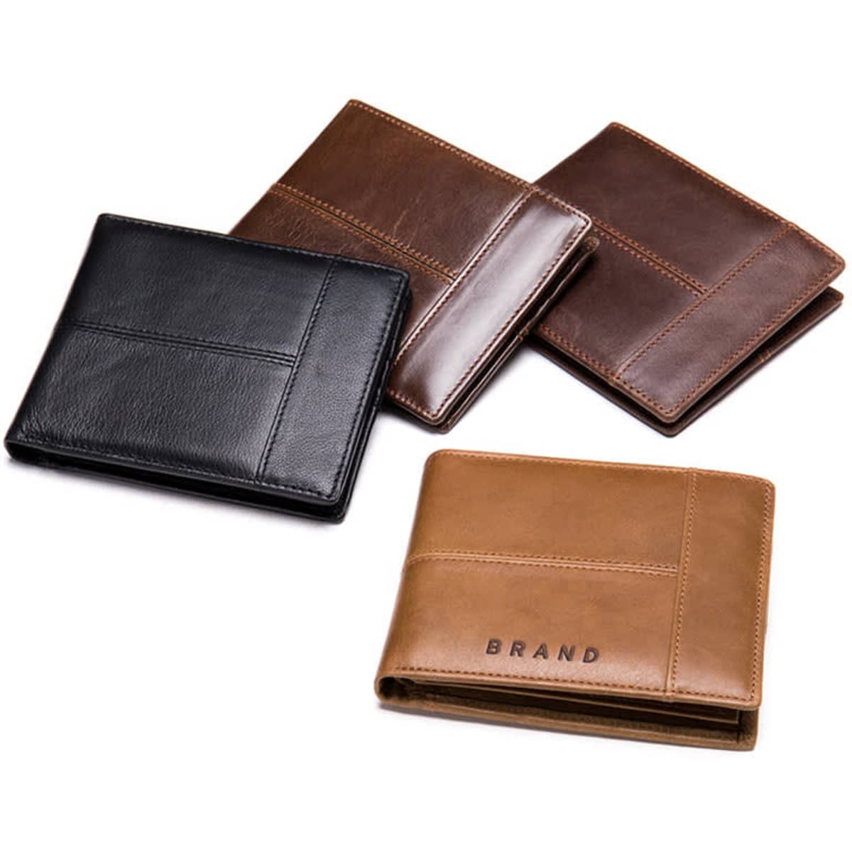 A genuine leather bifold wallet in black, brown, and tan, showcasing multiple styles and an embossed logo.