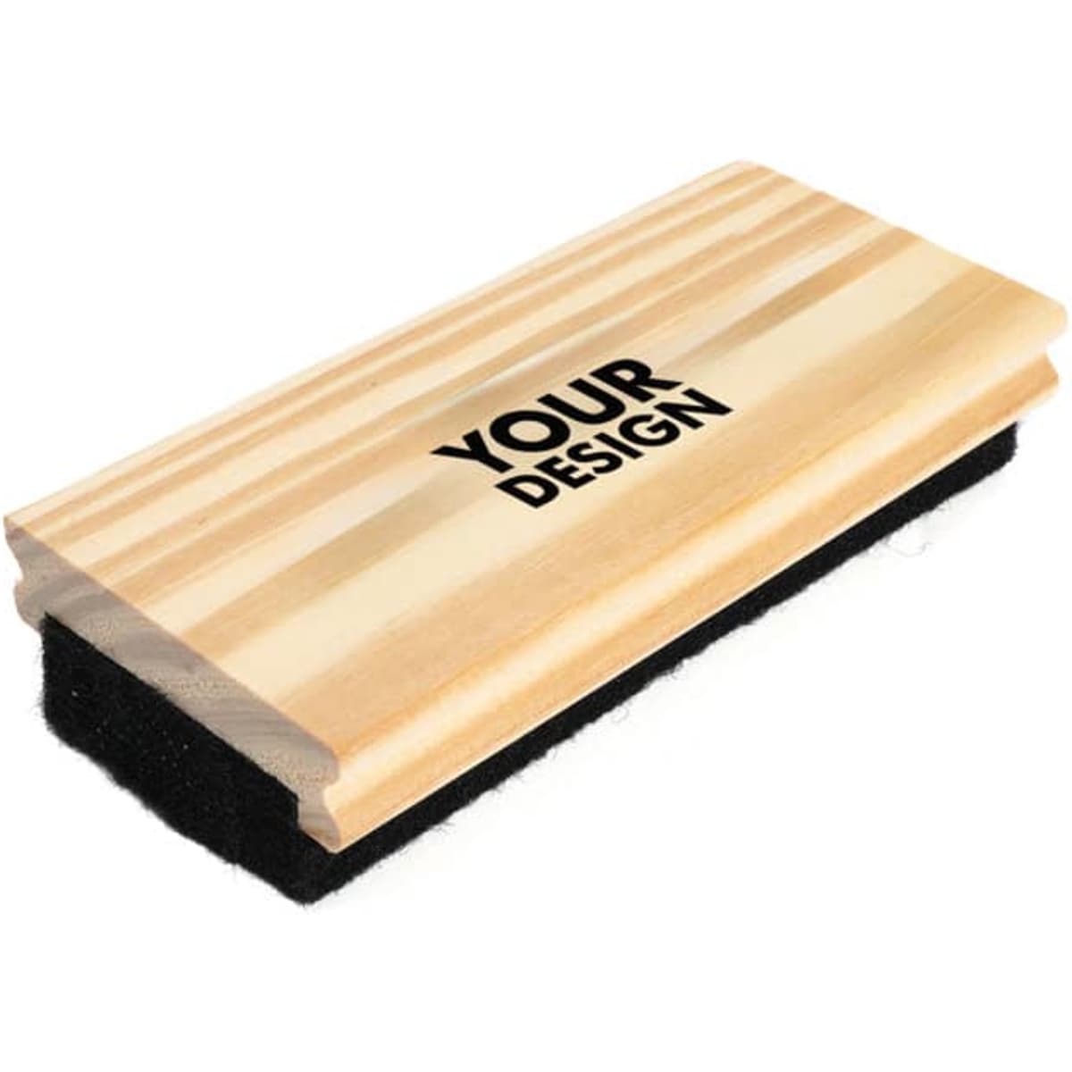 A wooden chalkboard eraser featuring a natural wood finish and a black felt base, with a logo on the surface.