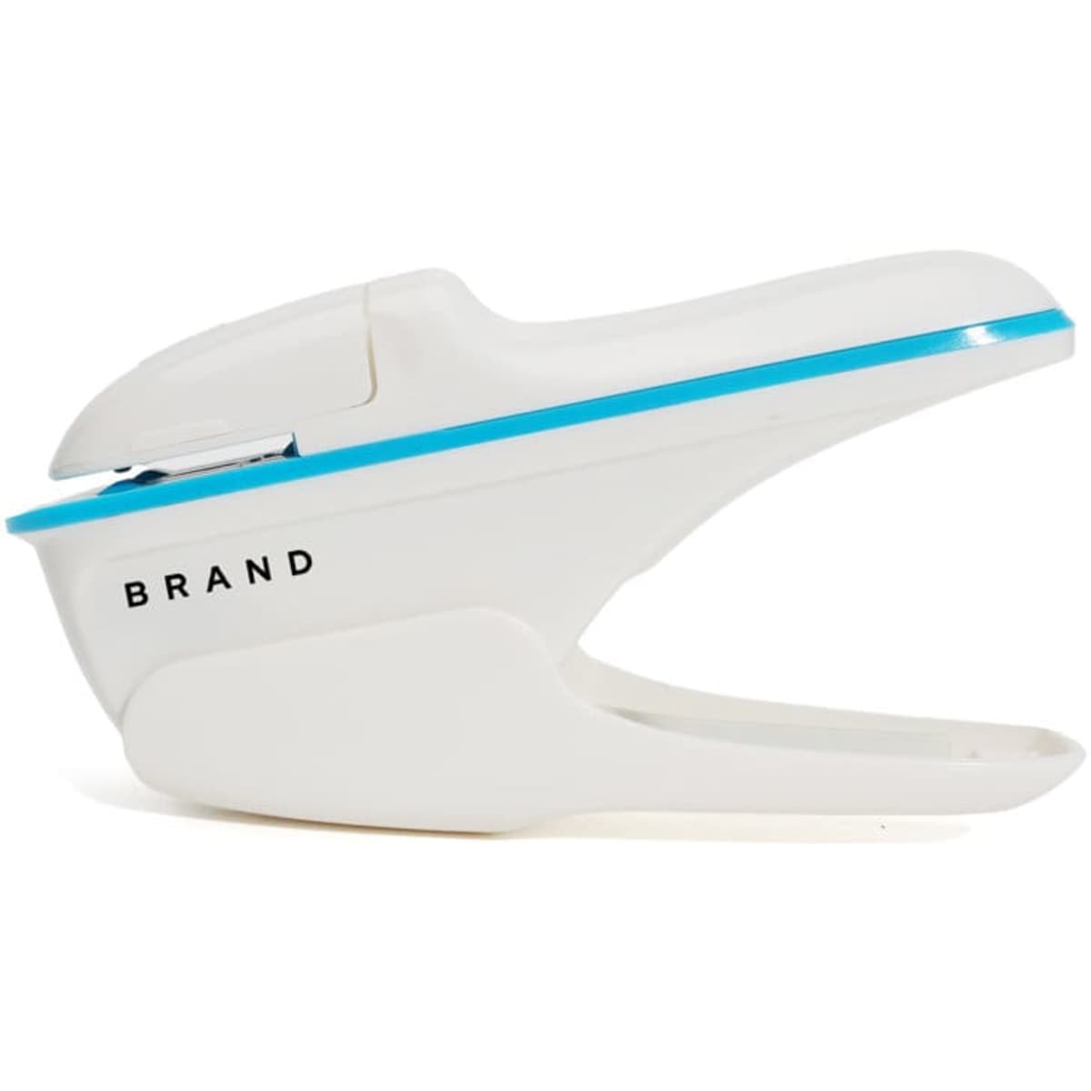 A white stapleless stapler with blue accents, designed for office use. It features a branding logo on the side.