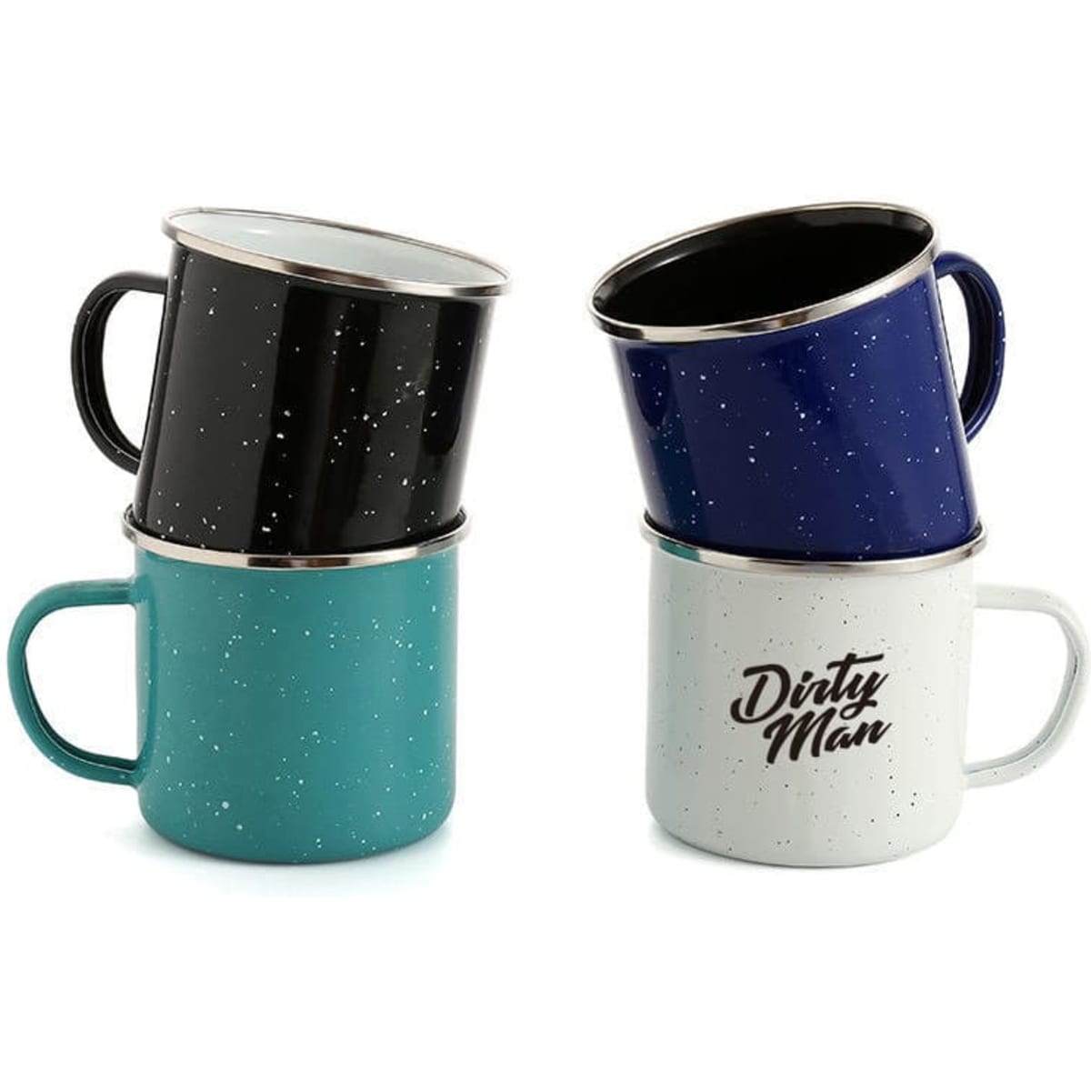 A set of four enamel campfire coffee mugs in black, navy, teal, and white, featuring a logo on one mug.