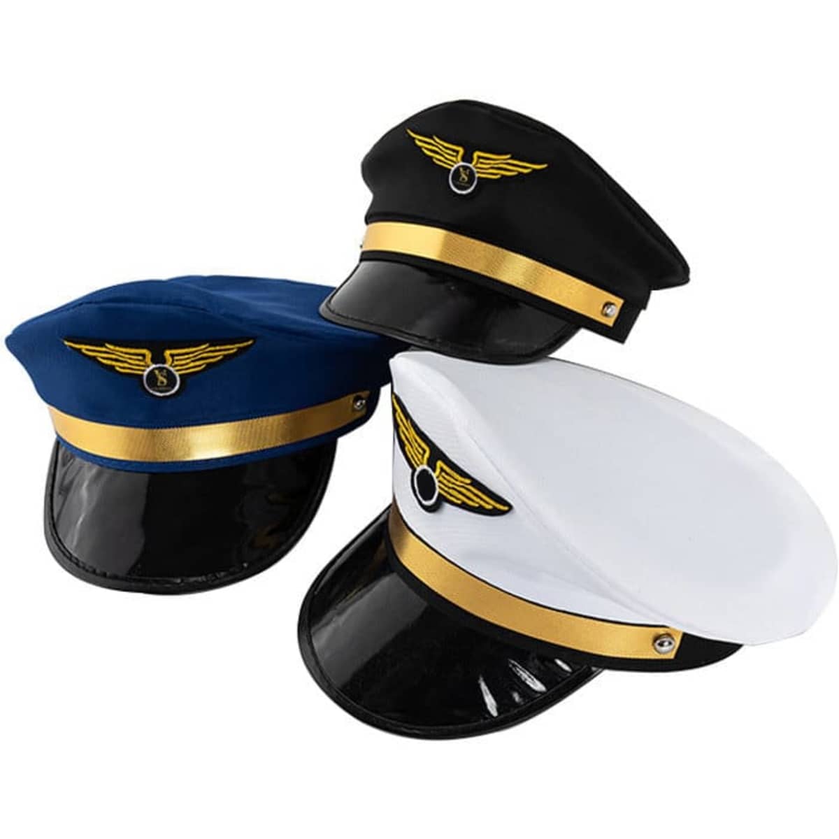 A set of three Halloween costume airline pilot hats in black, blue, and white, featuring a logo and gold accents.