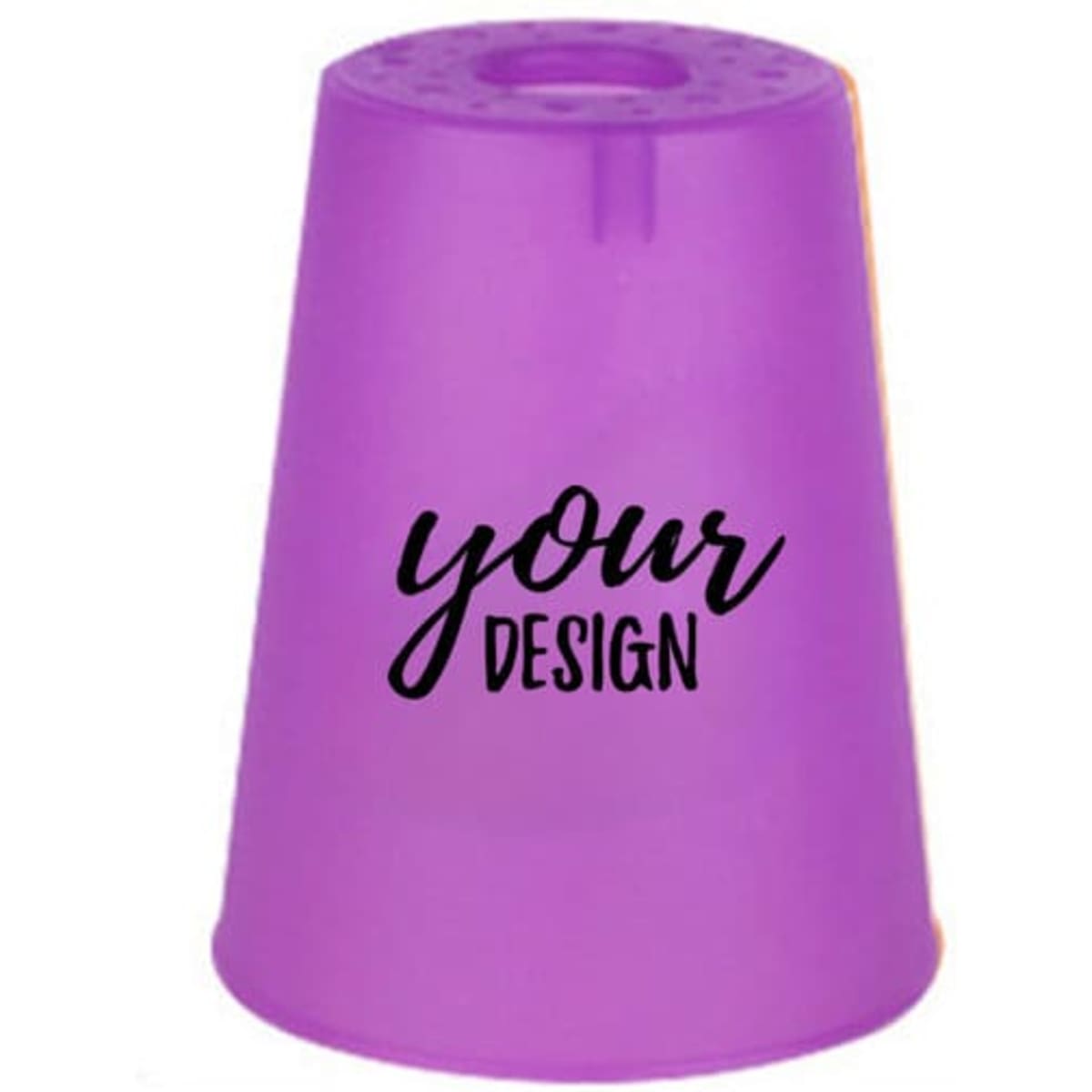 A purple plastic speed stacking cup with a design printed on the surface. It features a round top and flared base.