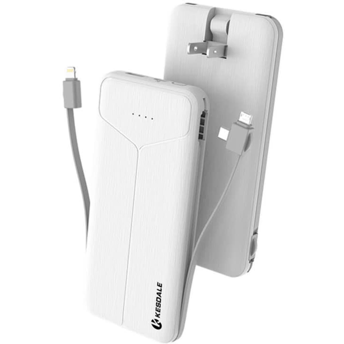 A white power bank with a built-in plug and two connectors, featuring a logo and LED indicators.