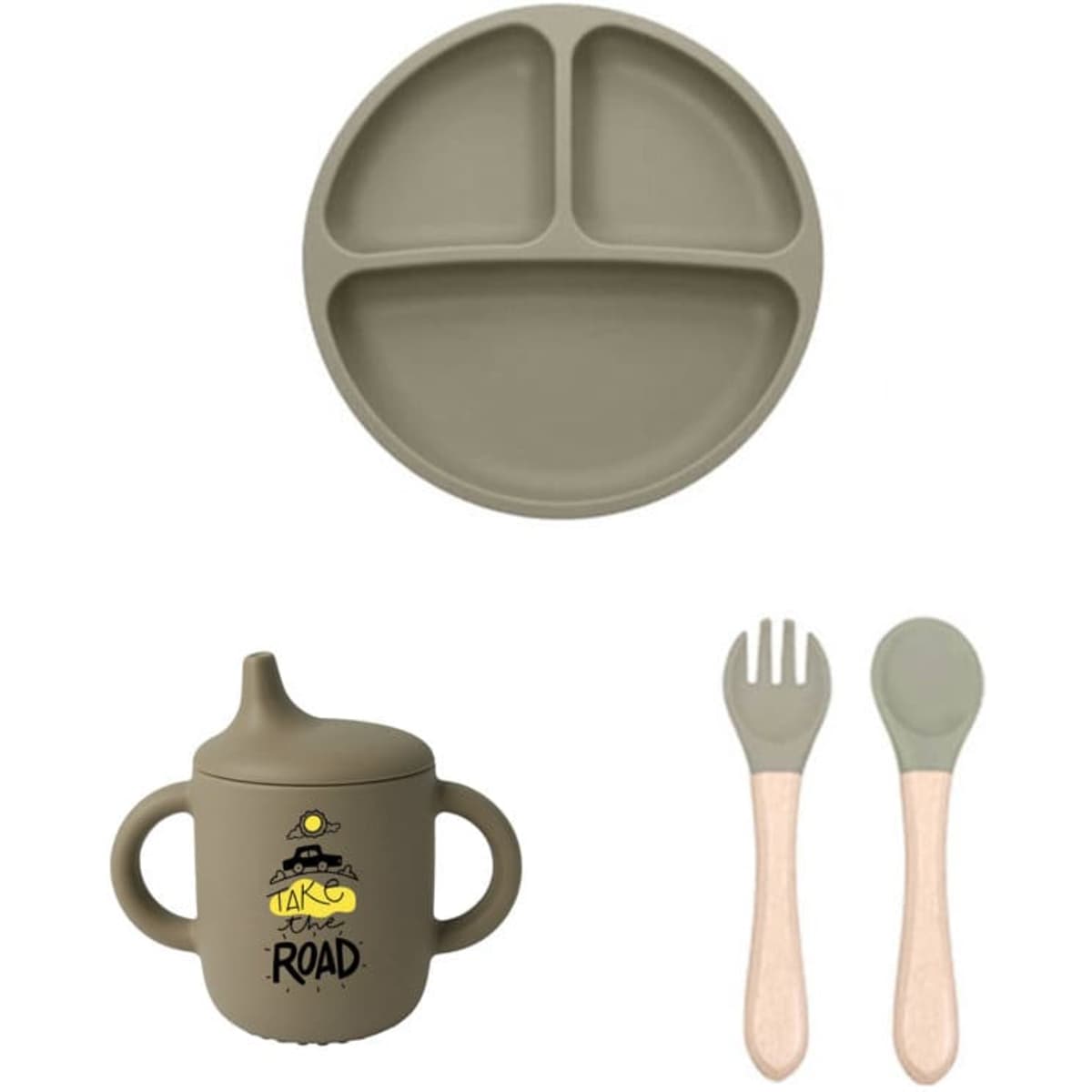 A food-grade silicone baby feeding set featuring a khaki plate with three compartments, a matching sippy cup, and utensils.