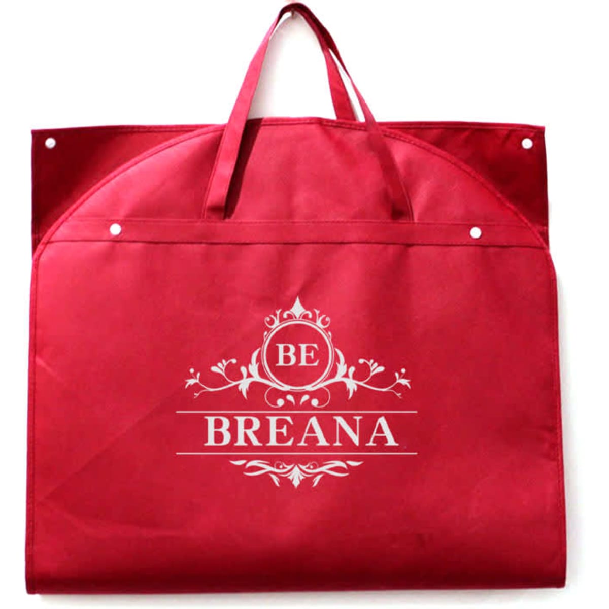 A red garment bag with handles and a decorative logo. Features snap closures for secure storage.