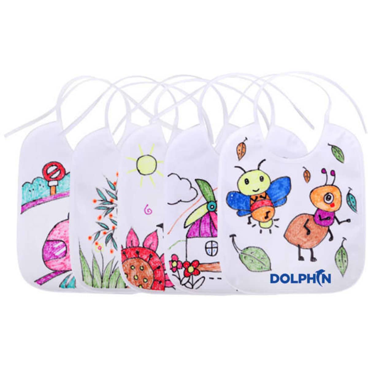 A set of five white baby bibs featuring colourful, whimsical designs ready for decoration. Each bib has a logo.