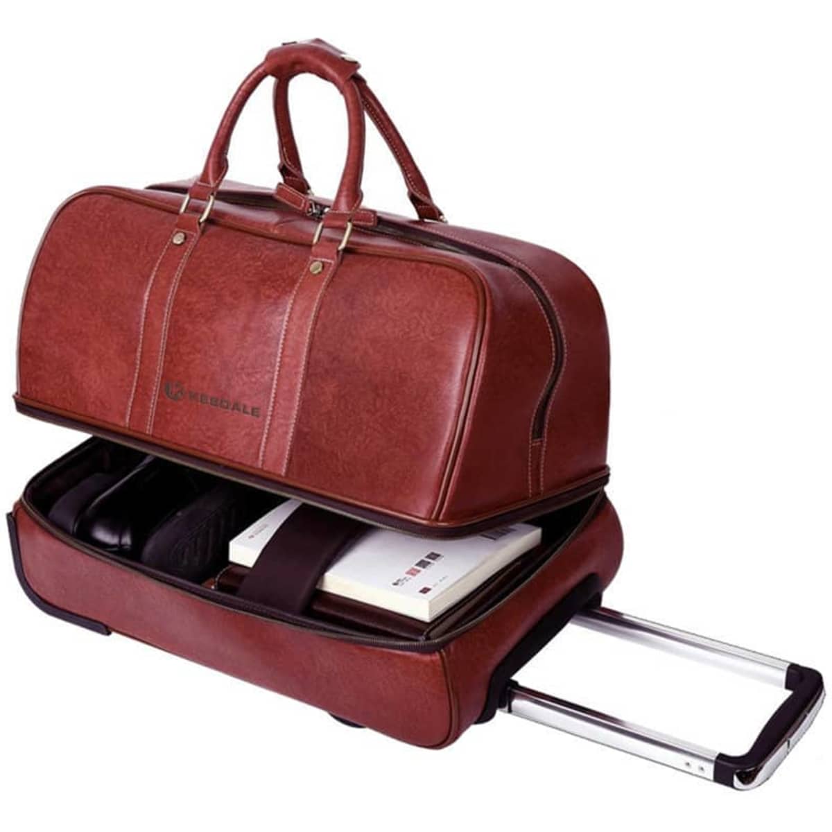 A brown wheeled duffel bag with a retractable handle, featuring multiple compartments and a logo.