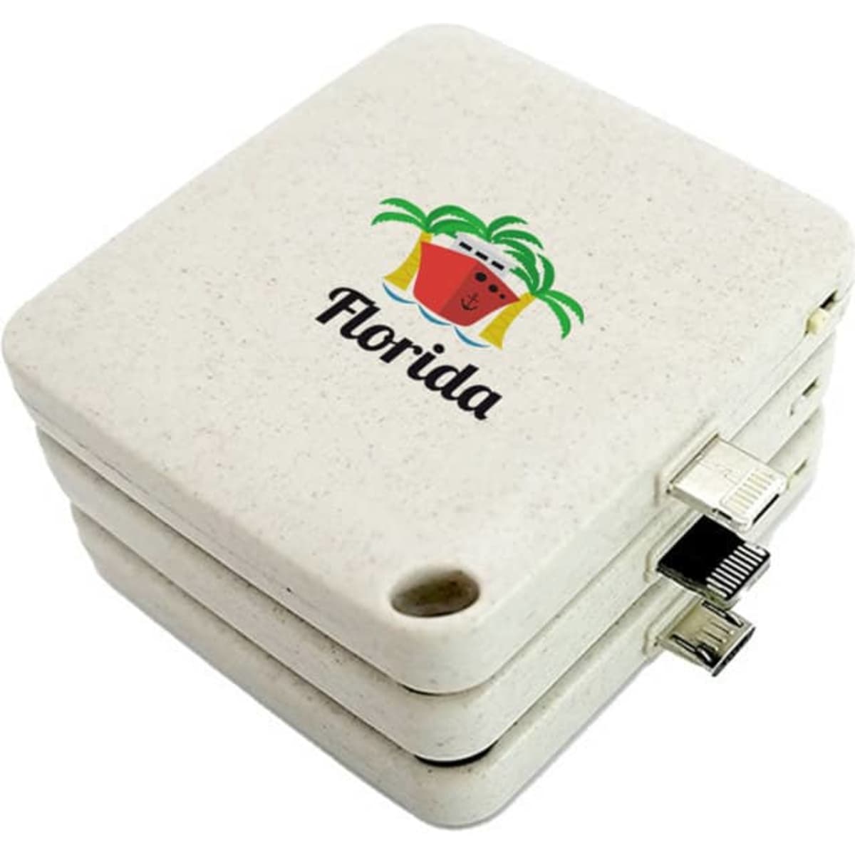 A biodegradable disposable power bank in off-white with a logo and multiple charging ports.