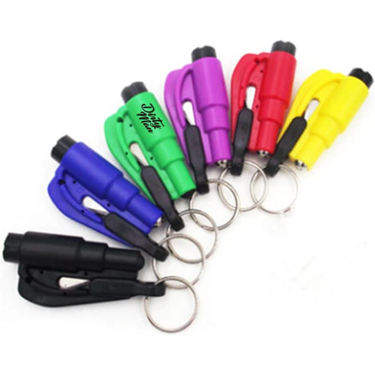 A keychain set featuring a car escape tool with seatbelt cutter in red, green, blue, purple, yellow, and black.