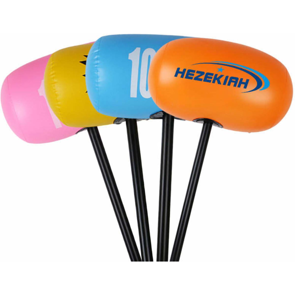 A set of four PVC inflatable hammer toys in pink, yellow, orange, and blue, featuring different numbers and a logo.