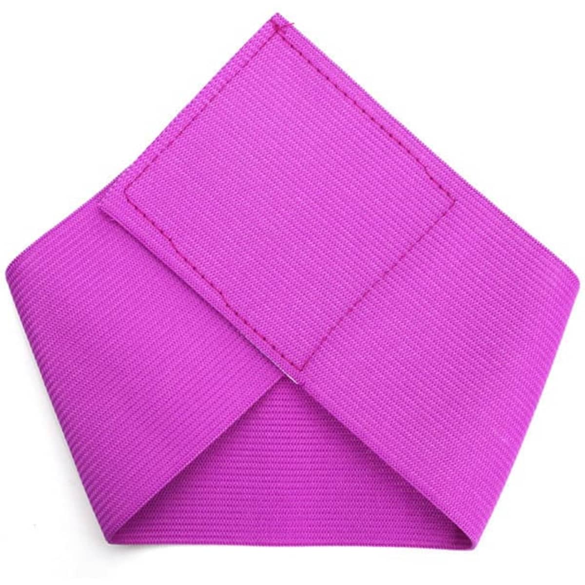 A bright pink elastic sports captain armband with a rectangular patch. It features a simple design for active use.