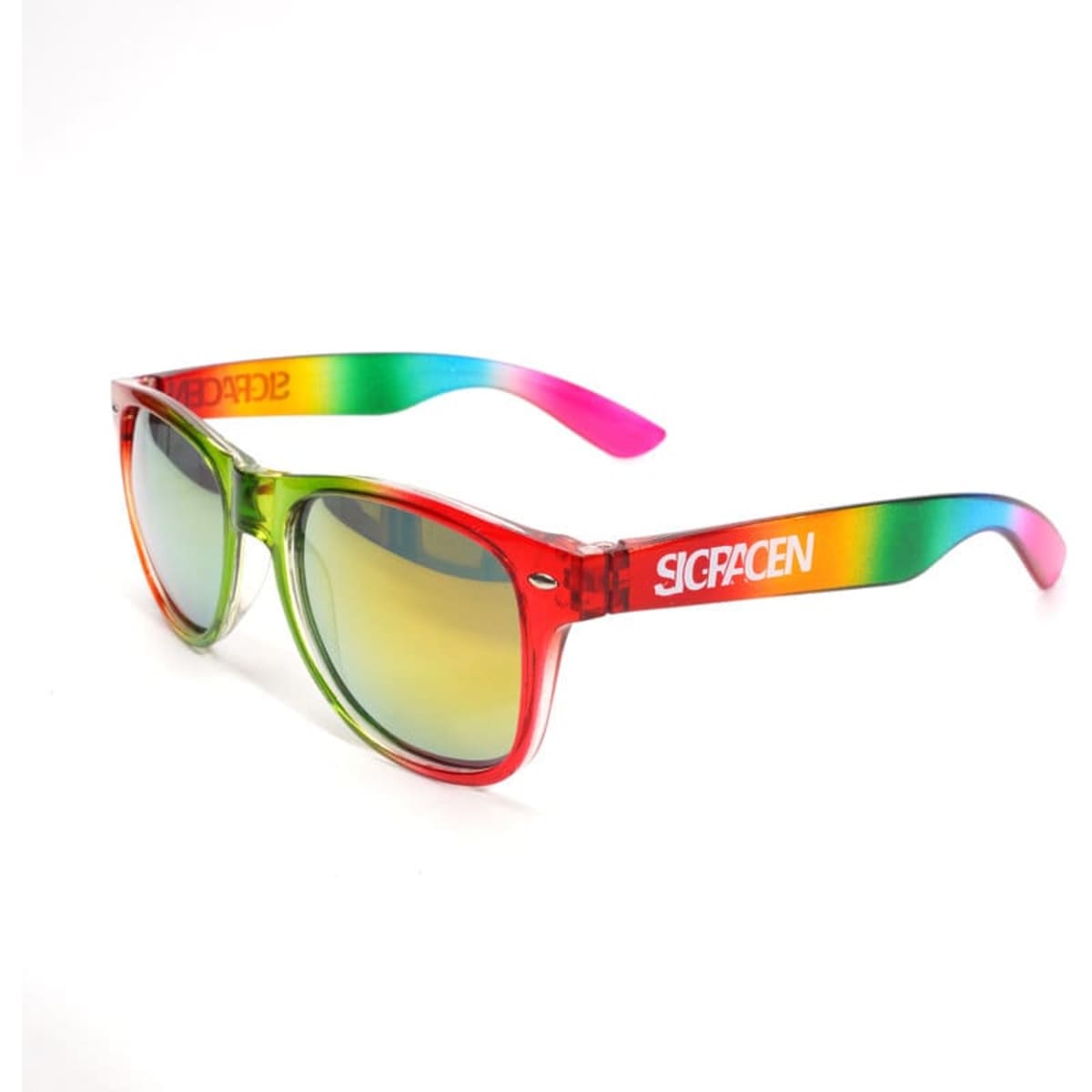 Classic rainbow sunglasses featuring red, green, and pink accents with a logo on the arm. Reflective lenses complete the look.