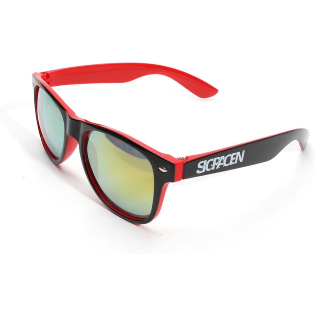 Red and black sunglasses featuring mirrored lenses and a logo on the side. Ideal for leisure and outdoor activities.