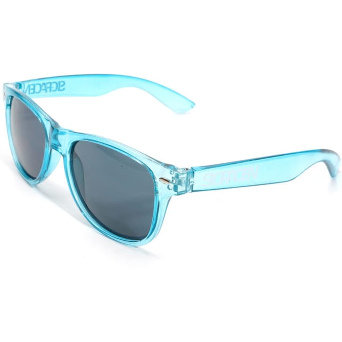 A pair of light blue sunglasses with dark lenses and a logo on the arm.