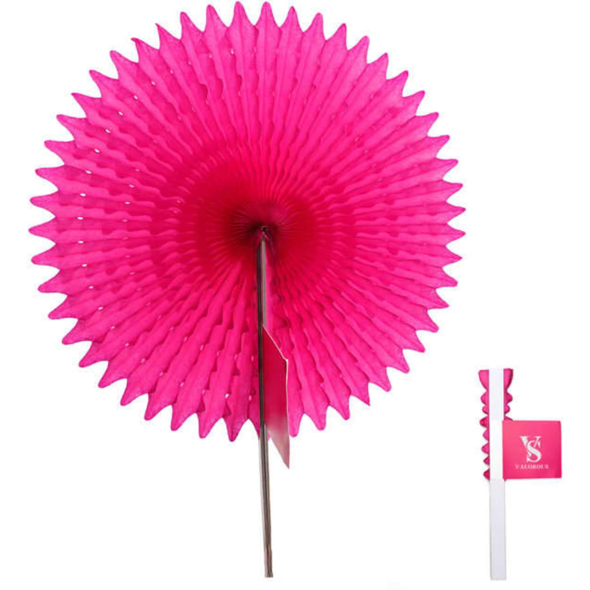 A bright pink round folding handheld paper fan with a plain handle, featuring a logo.