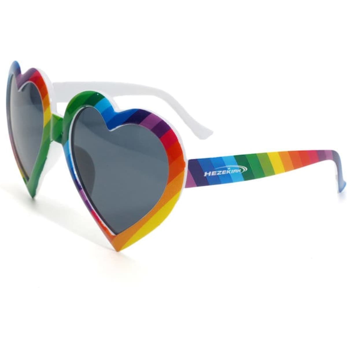Rainbow heart-shaped sunglasses with grey lenses and a multicoloured frame in vibrant rainbow hues.