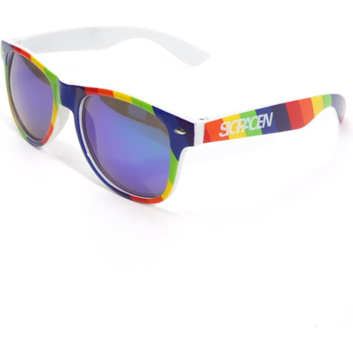 A pair of rainbow adult sunglasses with multicoloured sides and mirrored lenses, featuring a logo on the arm.