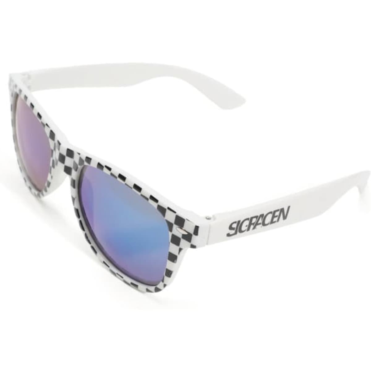 A pair of white sunglasses with a black checker pattern and reflective blue lenses. Features branding on the side.