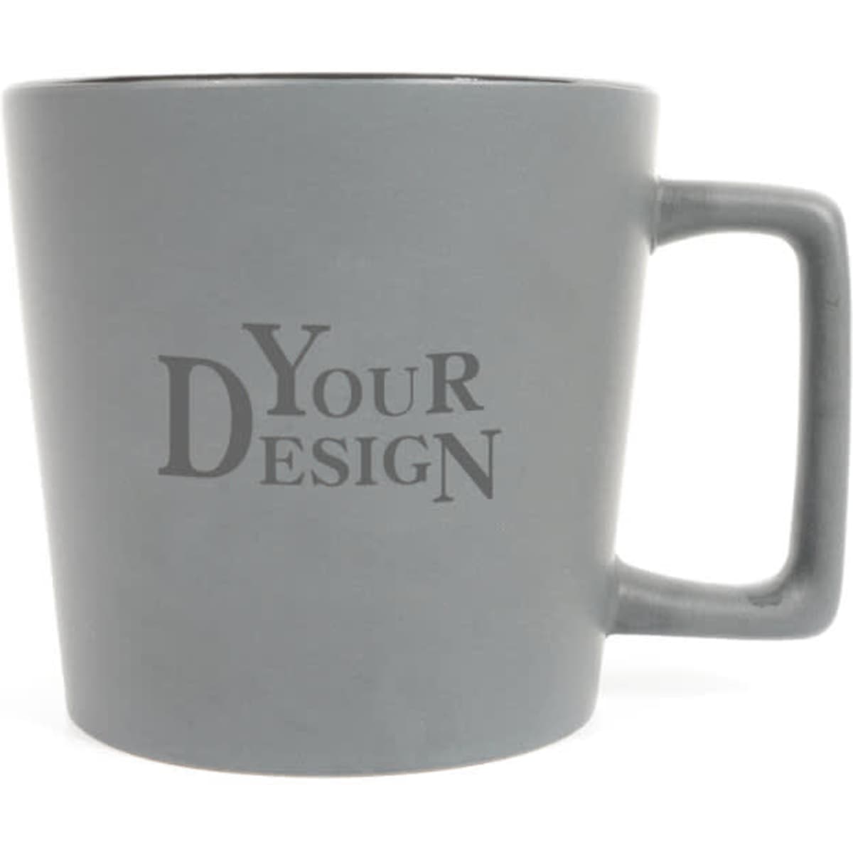 A grey matte stoneware mug with a black interior and a handle, featuring a logo.