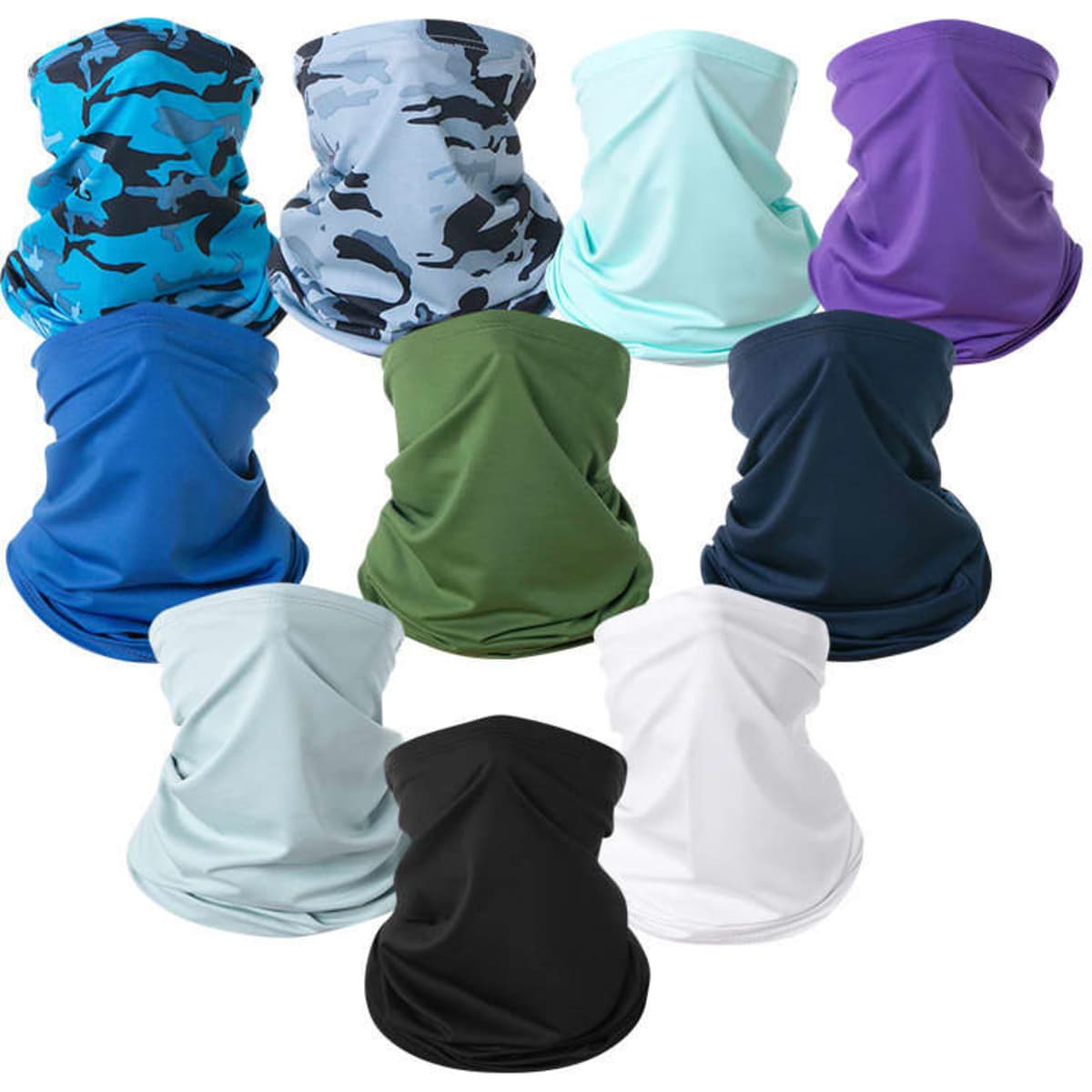 A variety of custom multifunctional neck gaiters in different colours including blue, green, purple, and camouflage patterns.