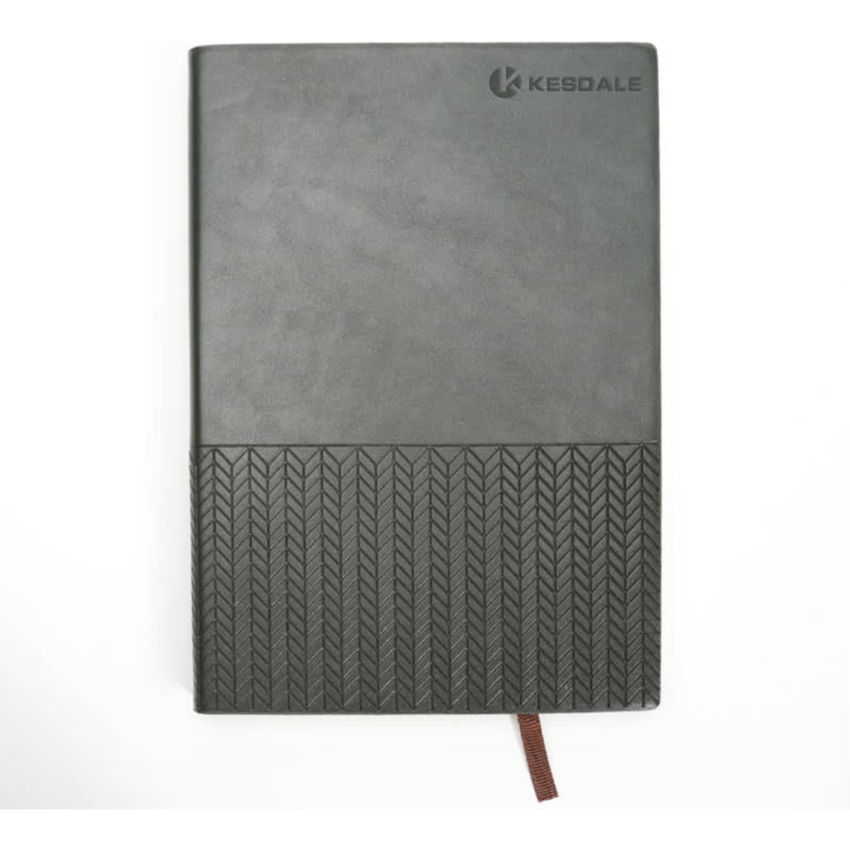 A grey lined notebook journal with a textured black bottom and a logo on the cover. Features a ribbon bookmark.