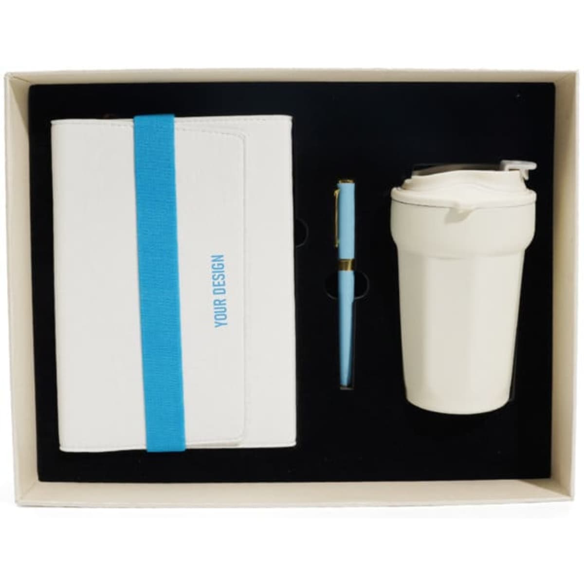 A white notebook with a blue band, a blue pen, and a white cup, all presented in a gift box.
