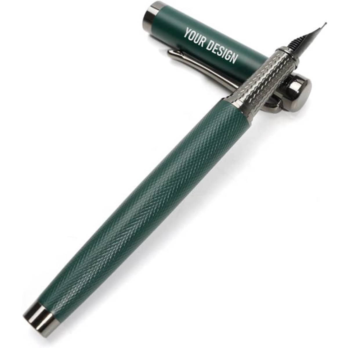 A green metal fountain pen with a textured grip and a silver clip, featuring a logo.