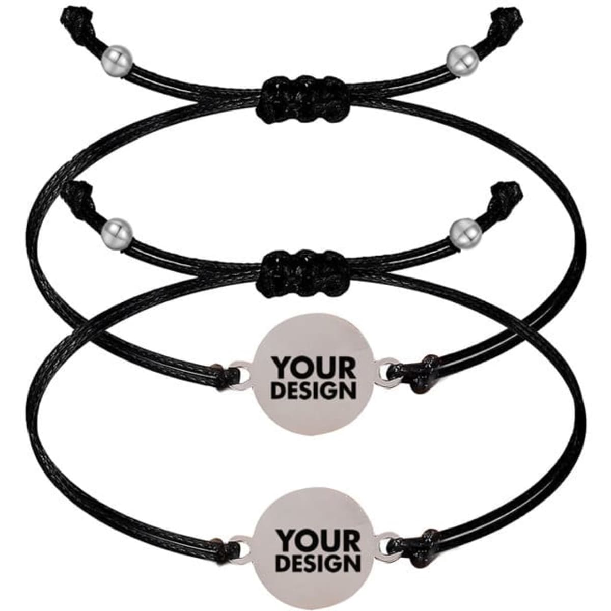Two black stainless steel friendship bracelets featuring adjustable cords and circular pendants for custom designs.