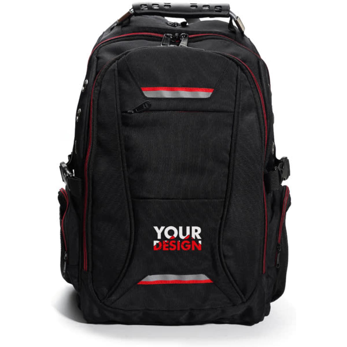 A black multifunctional travel laptop backpack with red accents and a logo. Features several compartments and zippers.