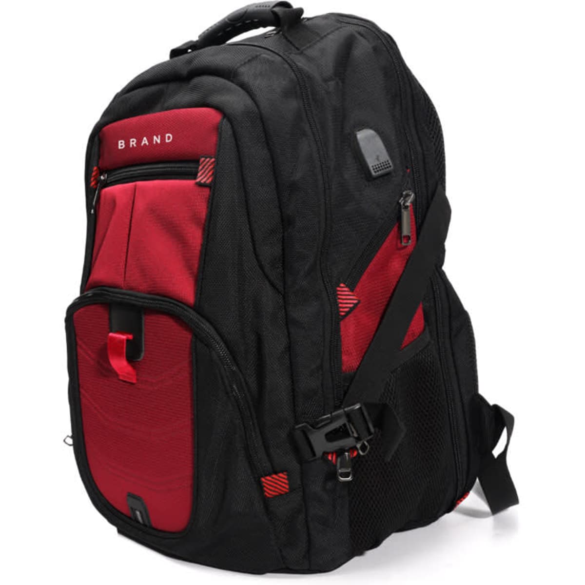 A black and red waterproof Oxford laptop backpack with multiple pockets and adjustable straps. It features a logo.