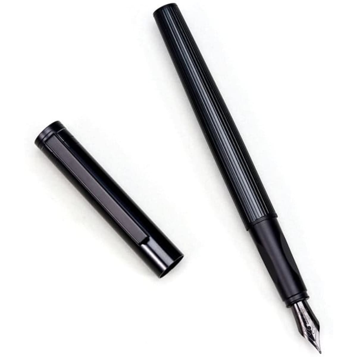 A black metal fountain pen with a removable cap and a silver nib. The pen features a sleek design and has a logo.