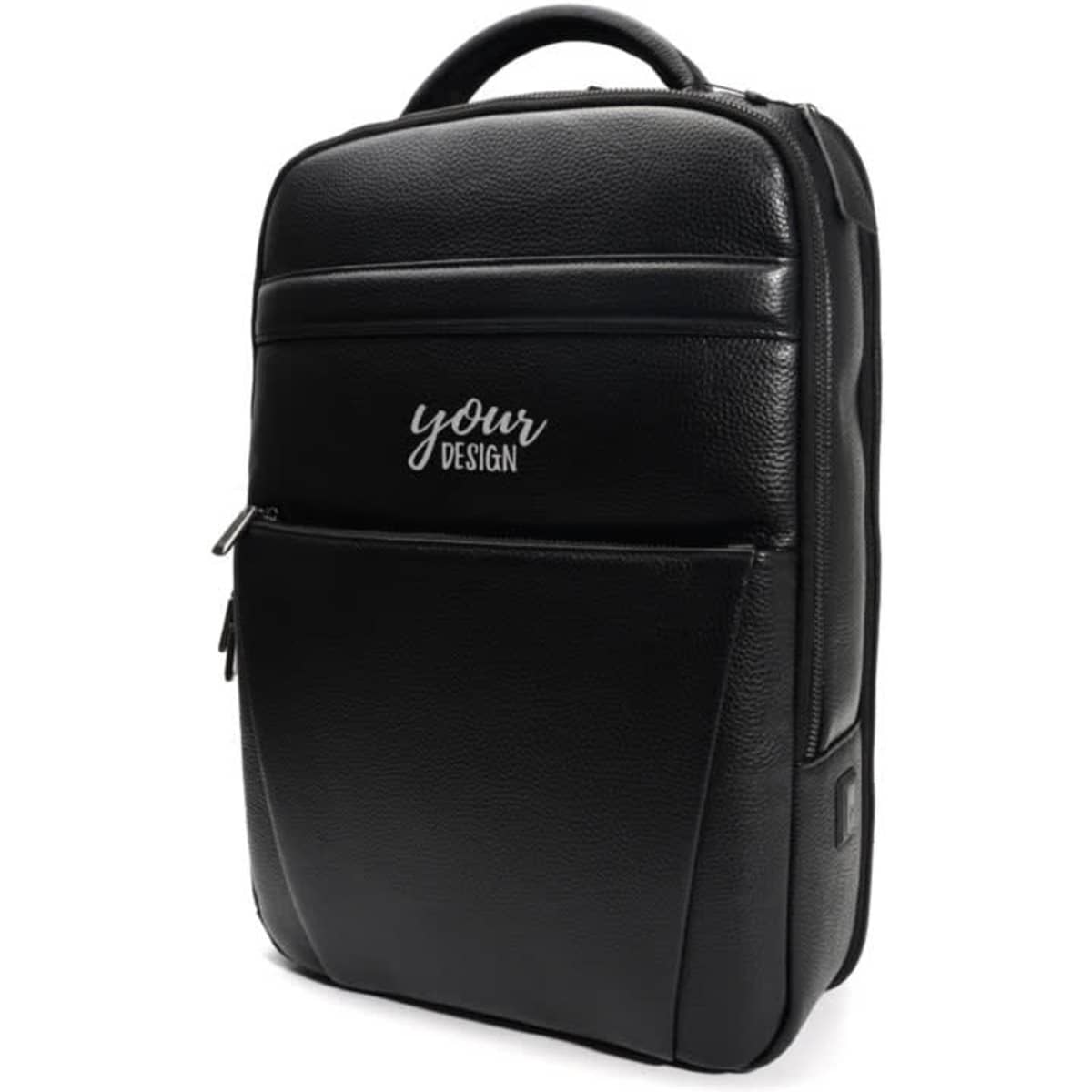 A black genuine leather laptop backpack featuring a front zip pocket and a logo.