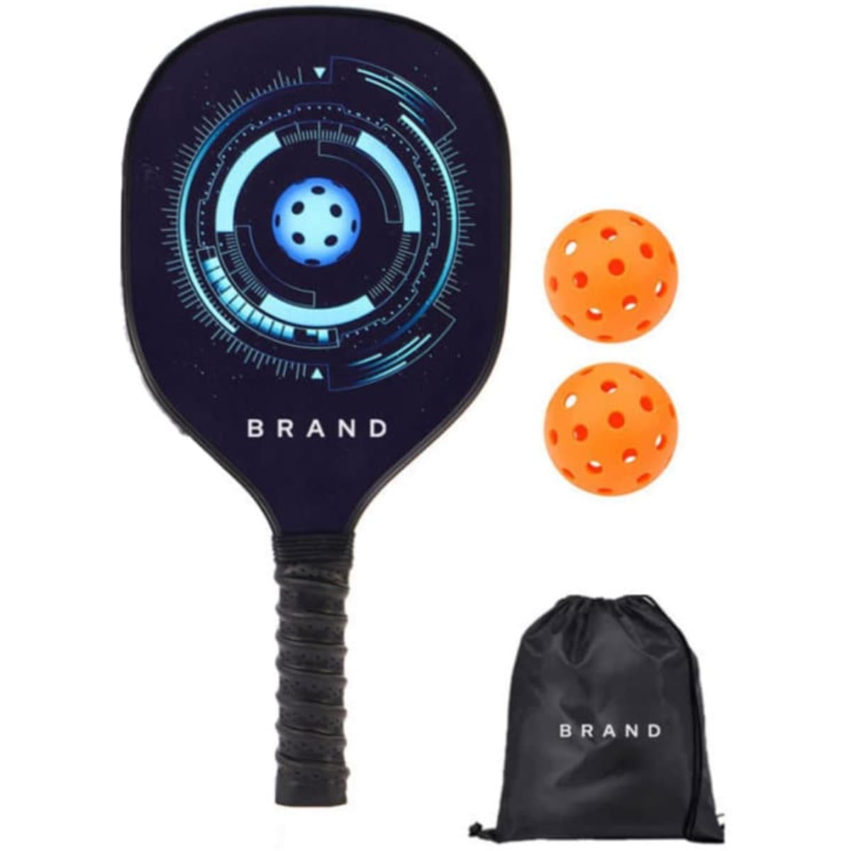 A pickleball paddle in black with a blue design, accompanied by two orange balls and a drawstring bag.