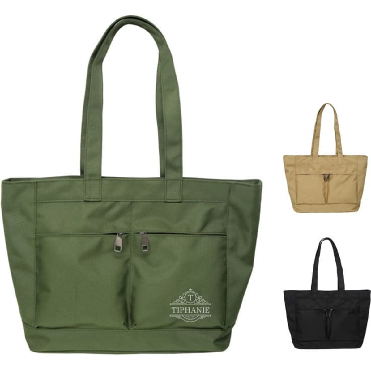 A large capacity shoulder tote in olive green, with front pockets and black and beige versions beside it. Features a logo.