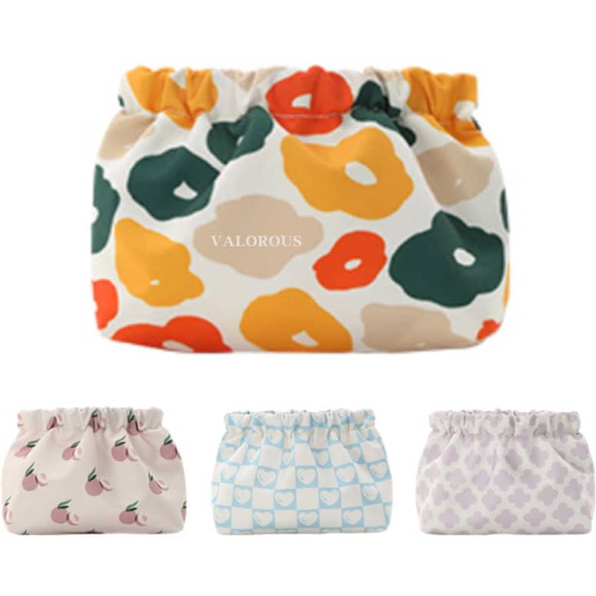 A cosmetic bag featuring a vibrant floral design with orange, green, and yellow accents, along with three additional patterned bags.