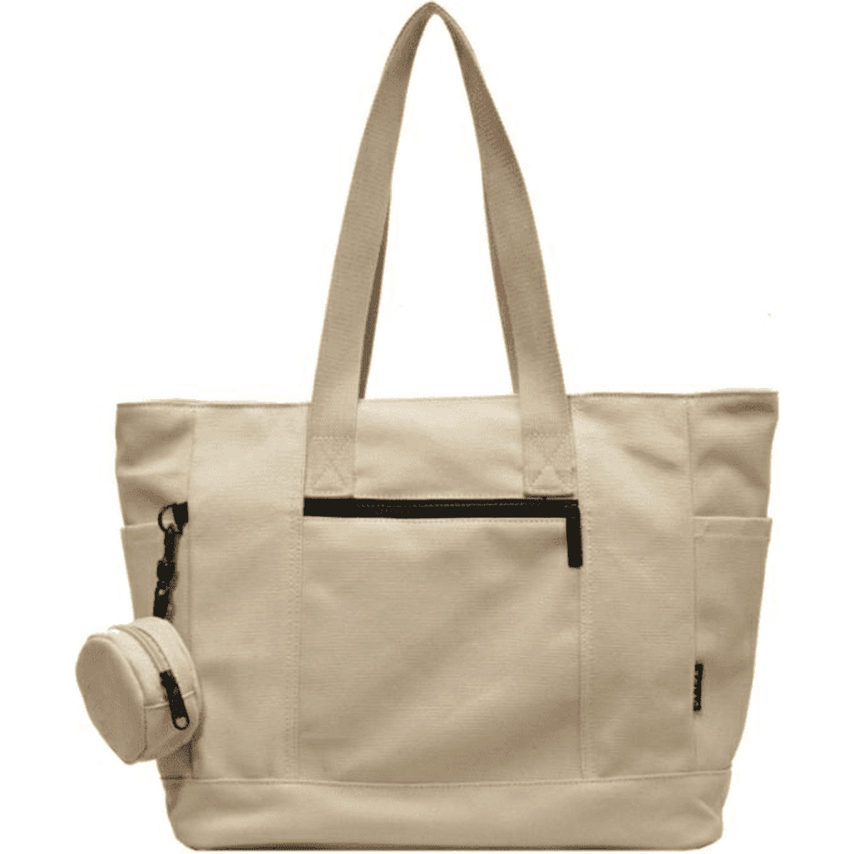 A large capacity canvas shoulder bag in cream, featuring multiple pockets and a detachable zippered pouch, with a logo.