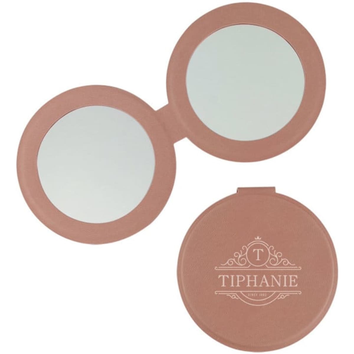 A pink PU mini pocket makeup mirror that features two reflective surfaces and a logo on the exterior.