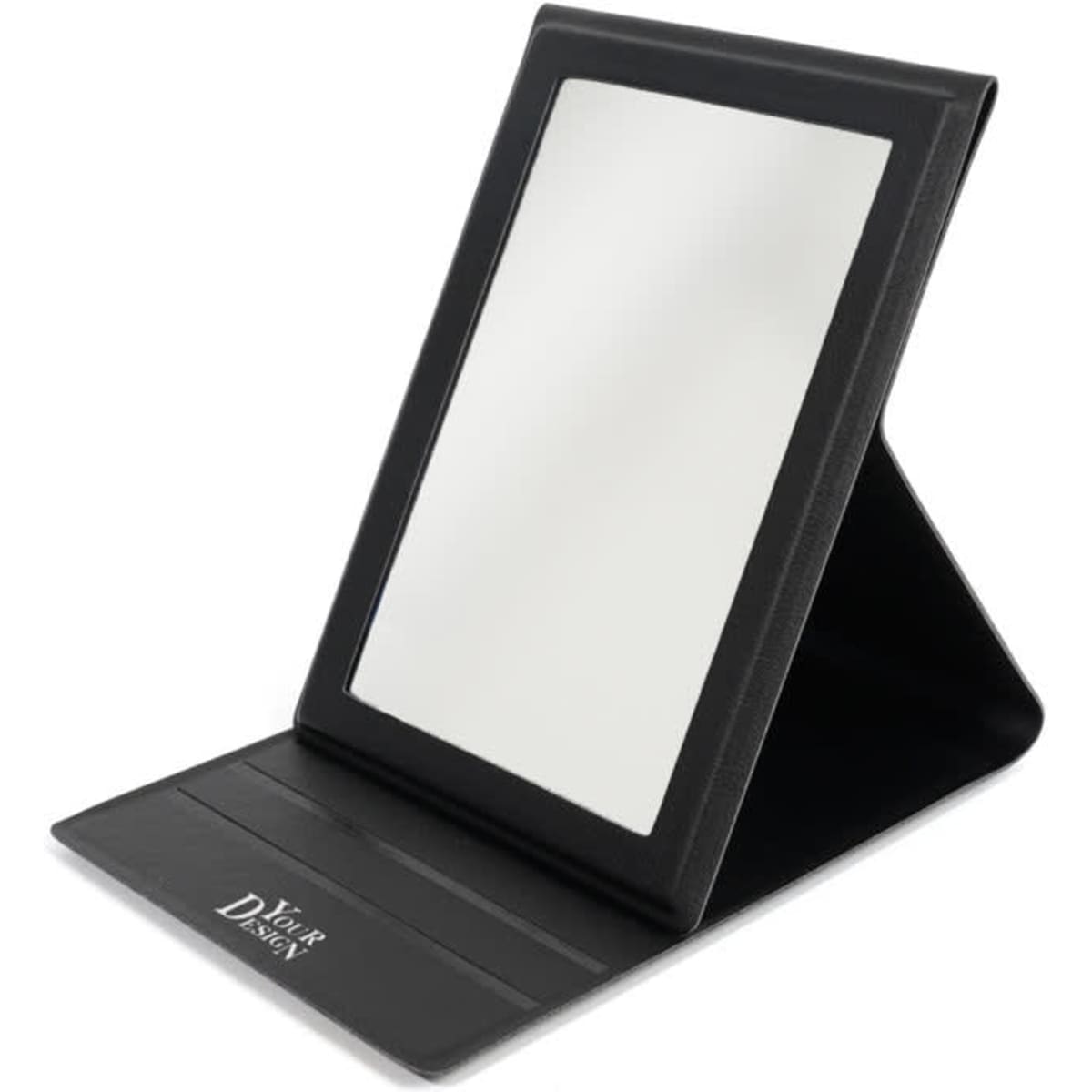 A foldable portable makeup mirror with a black frame, featuring a stand for stability. It has a logo on the base.