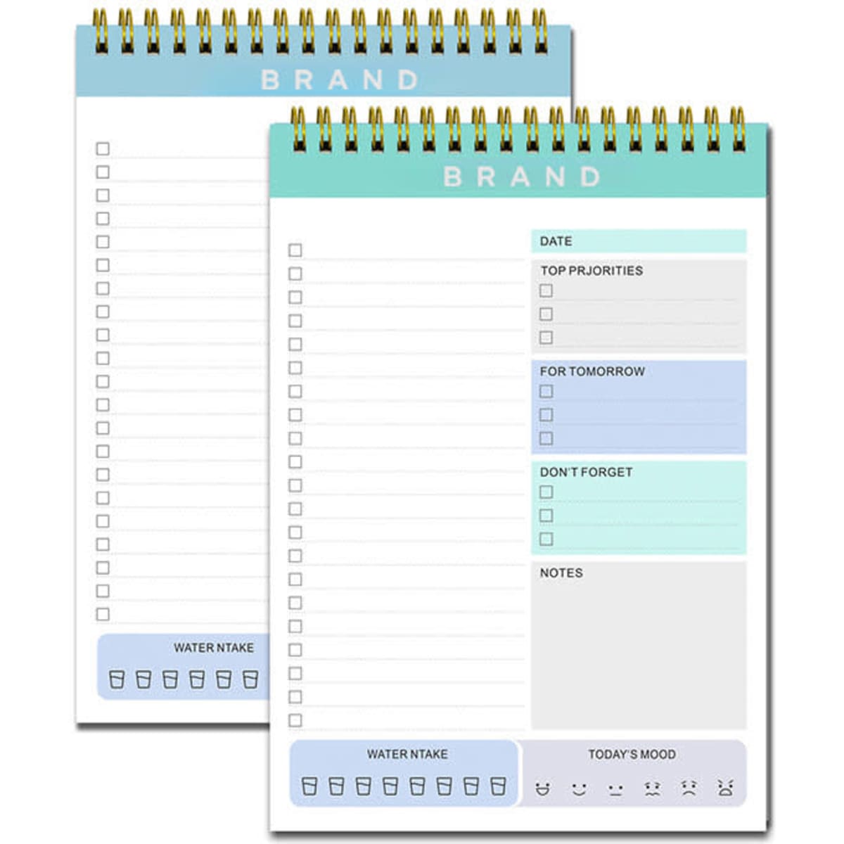 A coil-bound notebook in pastel blue and white with sections for tasks, notes, and daily priorities. It features a logo.