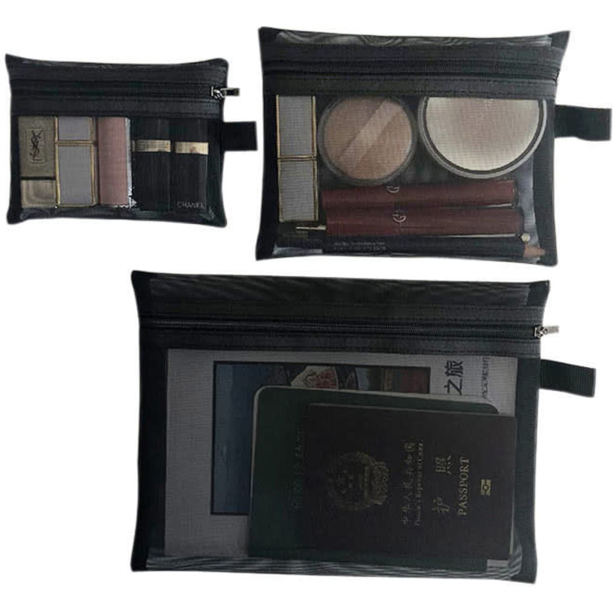 A set of transparent black mini mesh cosmetic bags containing lipsticks, makeup, and documents like a passport.