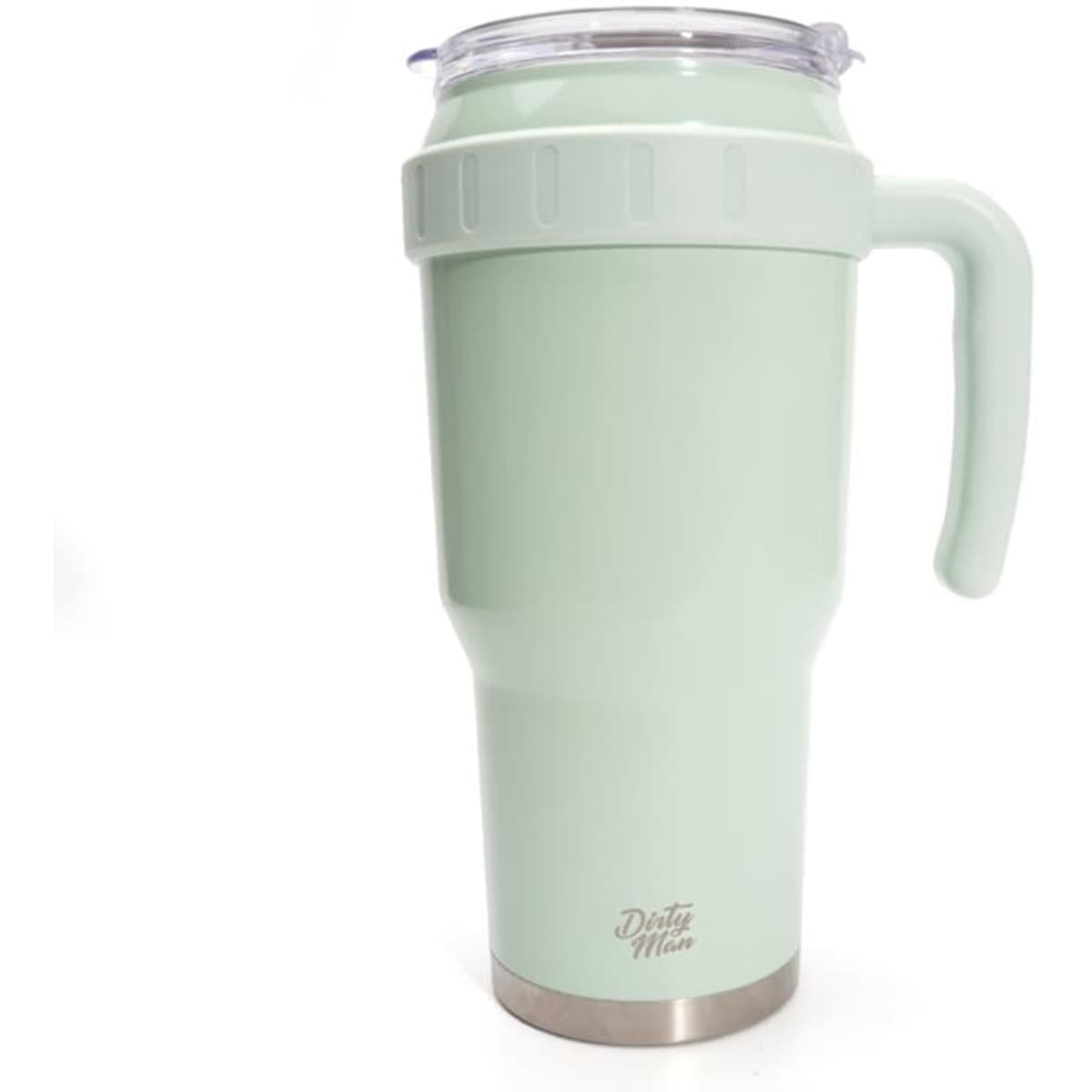 A drink bottle in mint green with a handle and straw, featuring a stainless steel base and a logo.