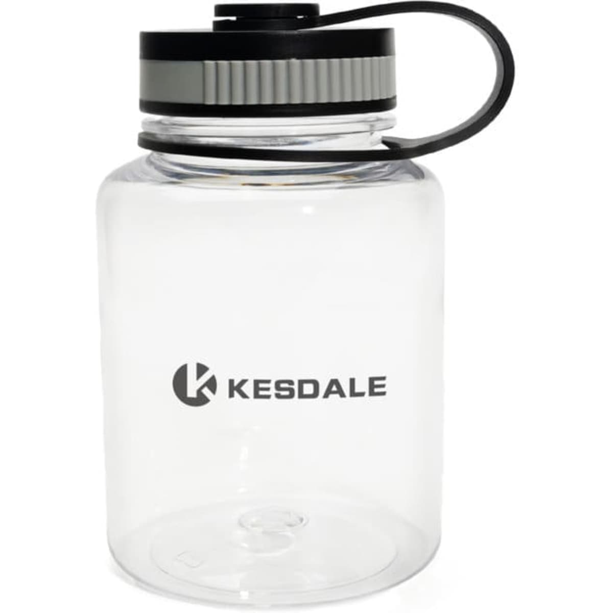 A clear plastic sports bottle with a black lid and handle, featuring a logo. Holds 17 oz of liquid.