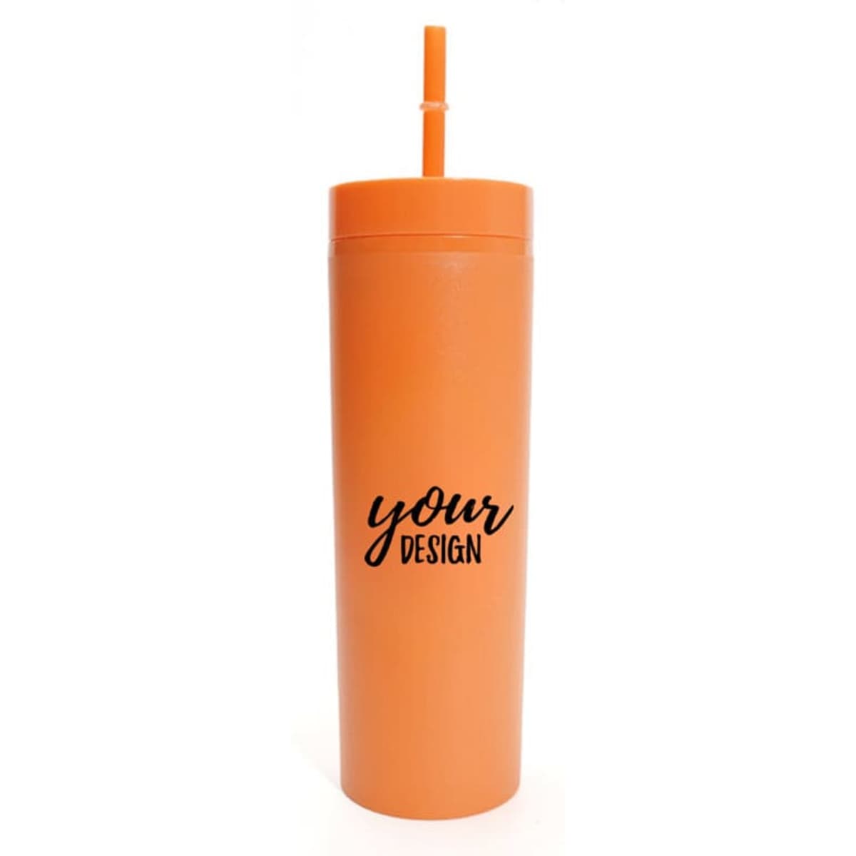A drink bottle in orange featuring a straw and a space for custom design elements.
