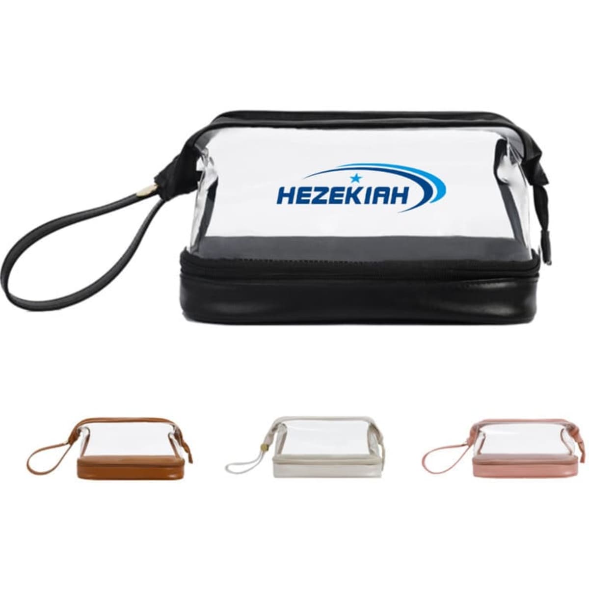 A transparent double-layer cosmetic toiletry bag in black, with a logo, available in brown, white, and pink options.