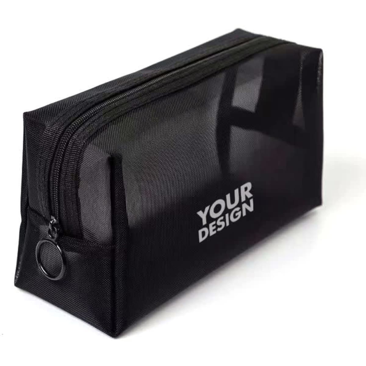 A black portable mesh makeup bag with a zip closure and a silver ring, featuring a logo.